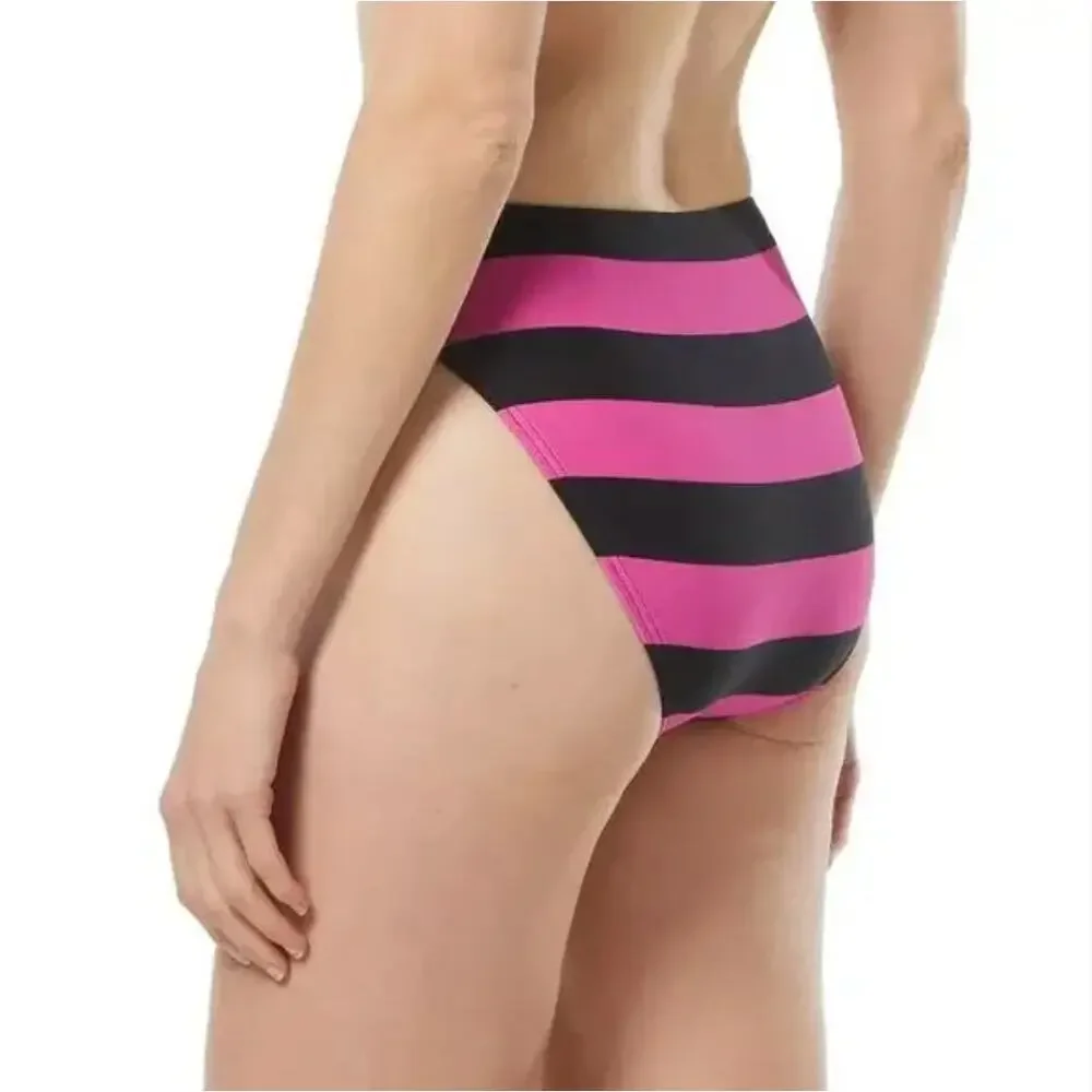NWT Michael Kors High-Waisted Striped Bikini Bottom Pink Black Size M